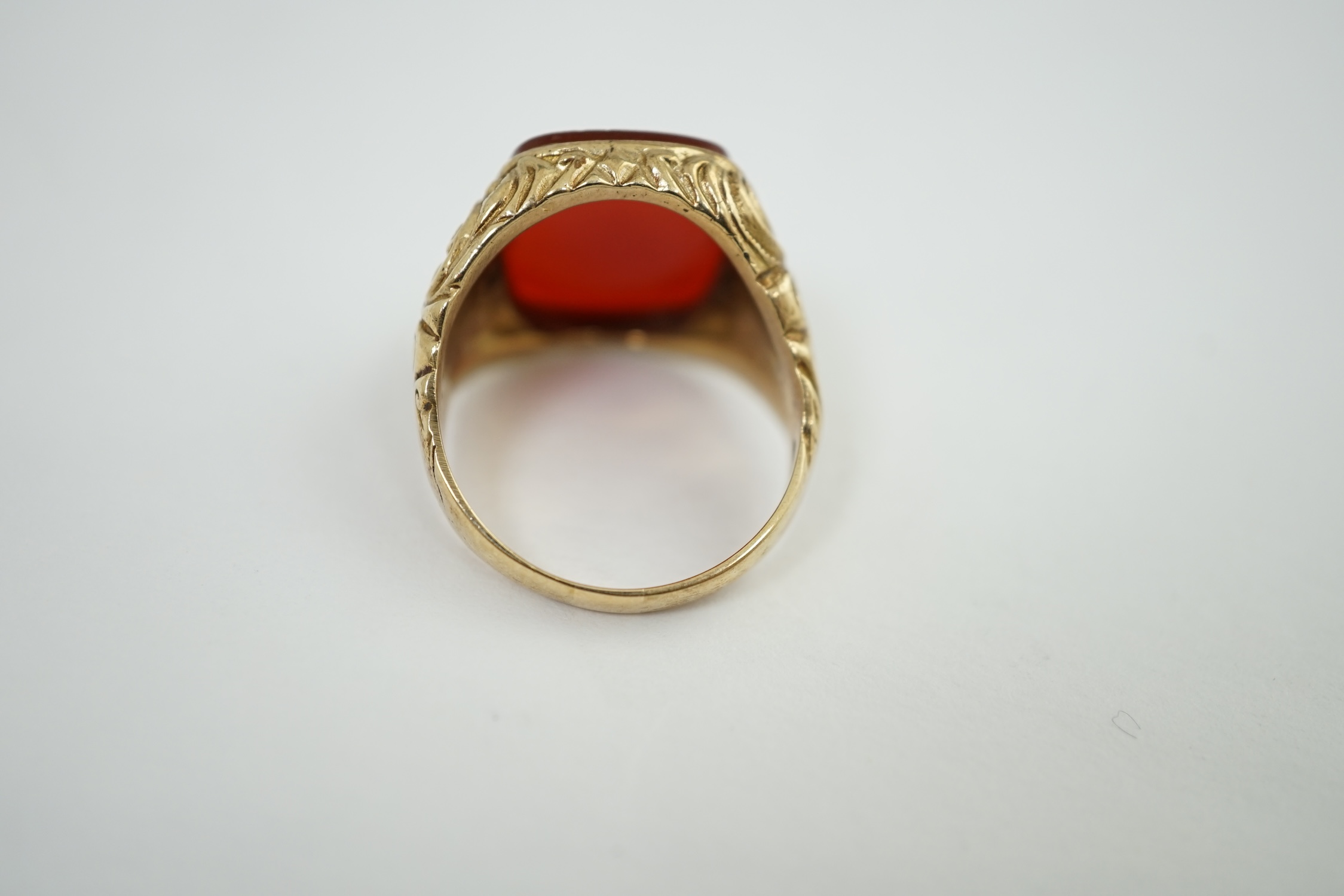 A 1970's Victorian style 9ct gold and carnelian set signet ring